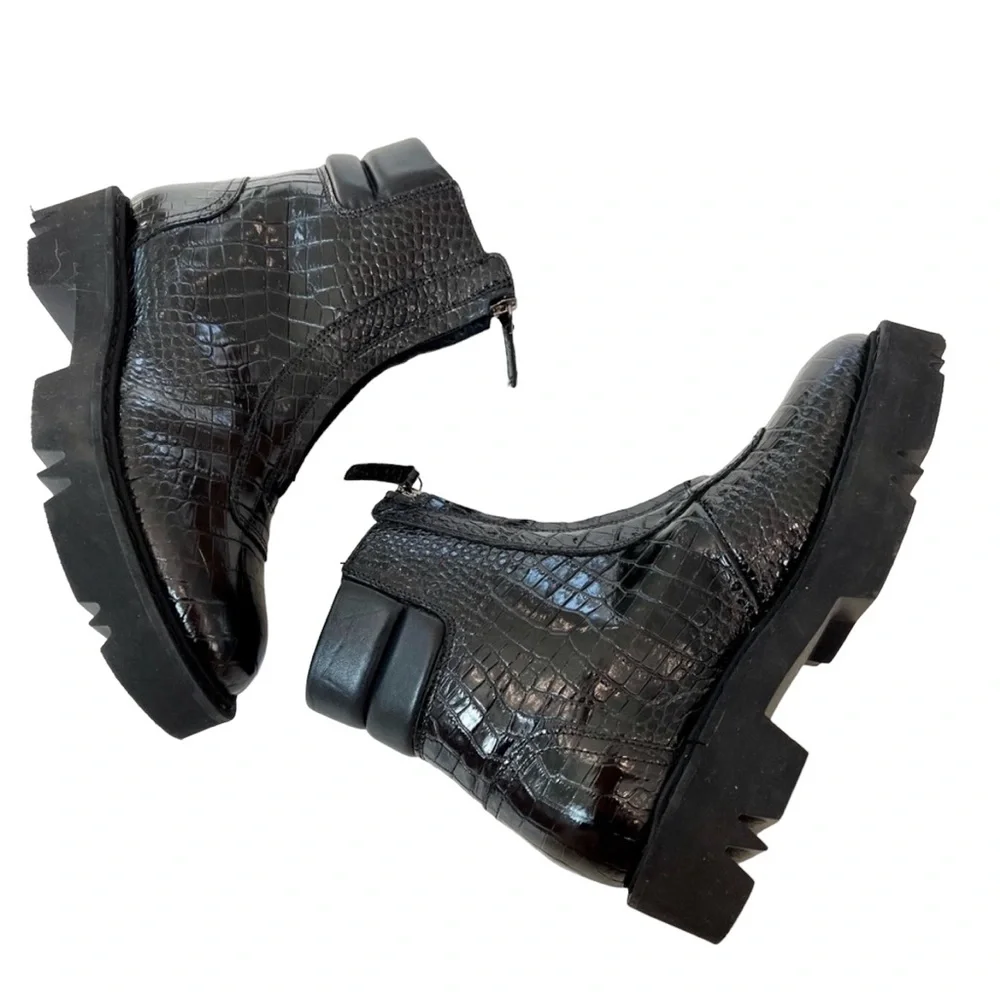 Aquatalia Harlo Croc Embossed Leather Hiker Lug Sole Boots Women’s 7 Designer